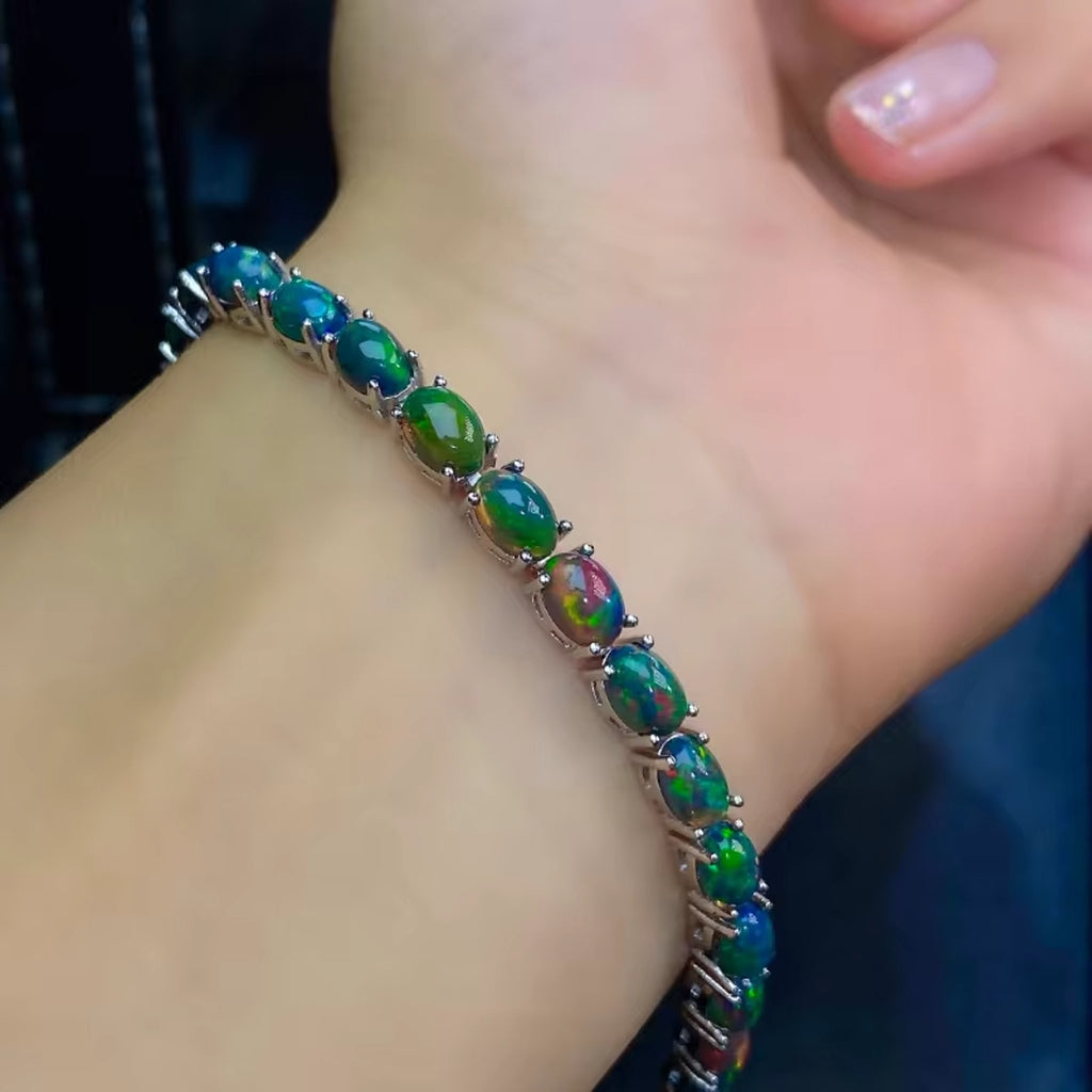 Black Fire Opal Tennis Bracelet, Colorful Opal Bracelet 925 Sterling Silver