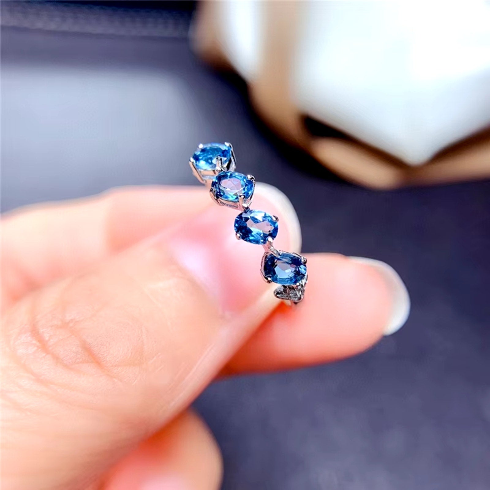 London Blue Topaz Band Ring, Natural London Blue Topaz Gemstone Ring Sterling