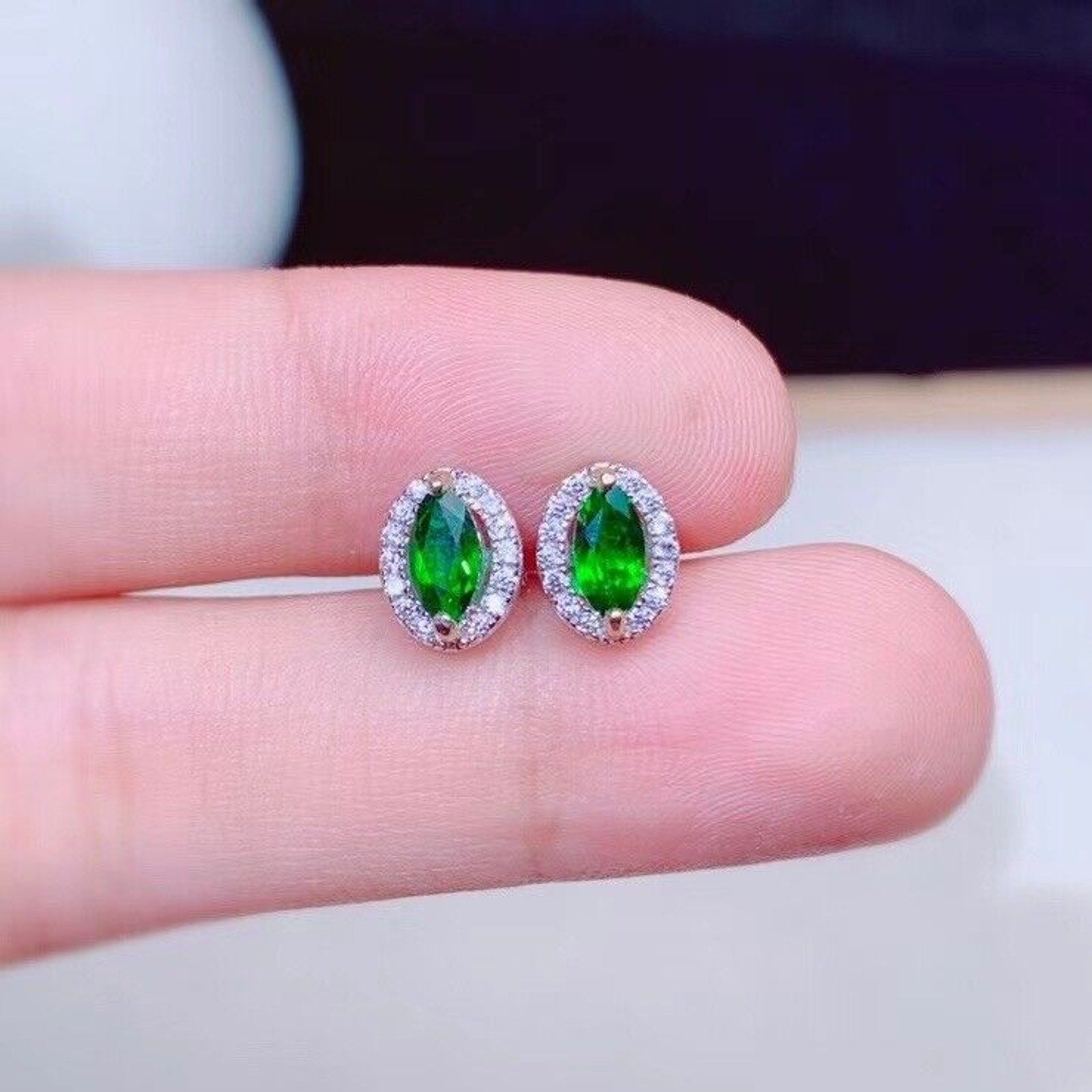 Natural Diopside Stud Earrings Platinum Plated, 3x6mm Chrome Diopside Earrings