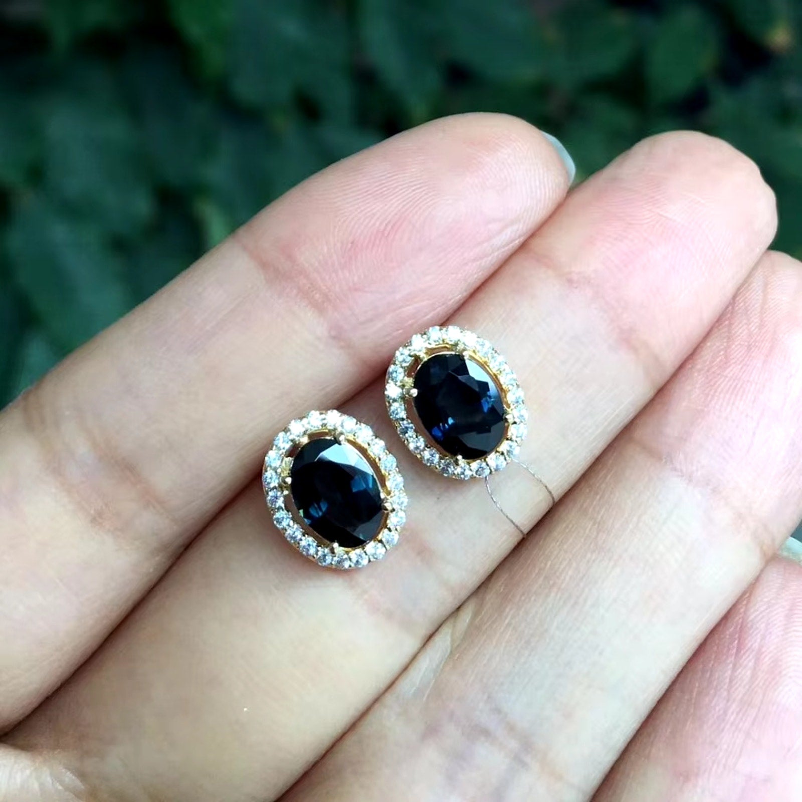 Natural Black Sapphire Stud Earrings 5x7mm Platinum Plated