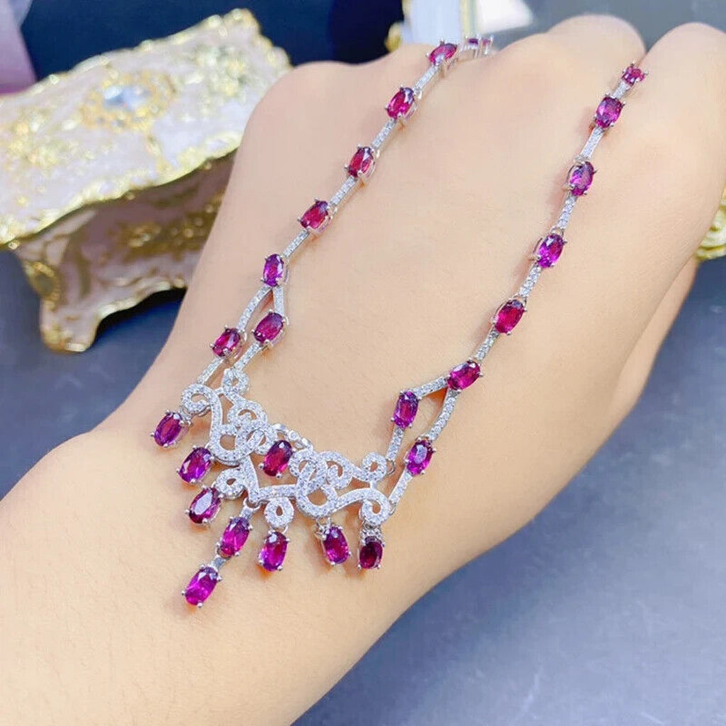 Pink Garnet Statement Necklace, Natural Garnet Gemstone Necklace 925 Sterling