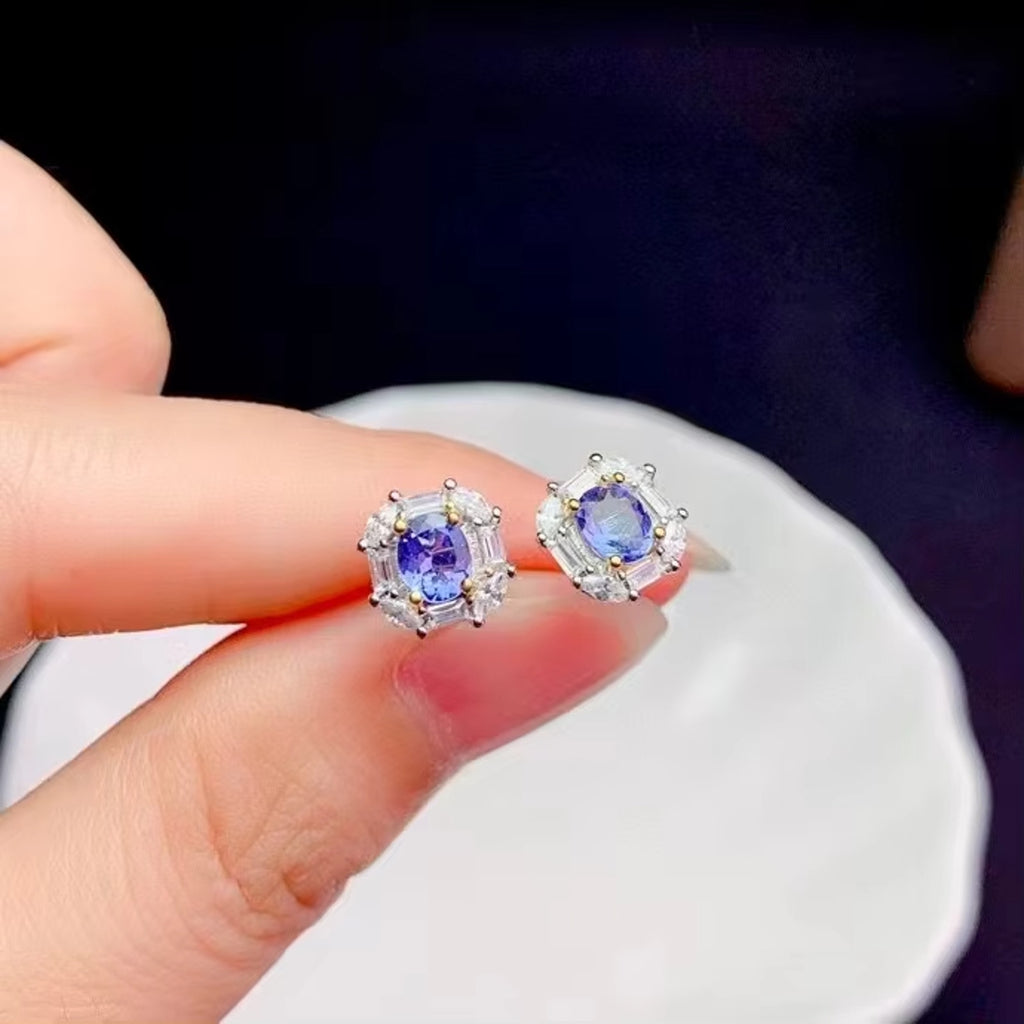 Natural Tanzanite Stud Earrings, Purple Tanzanite Earrings Sterling Silver 4x5mm