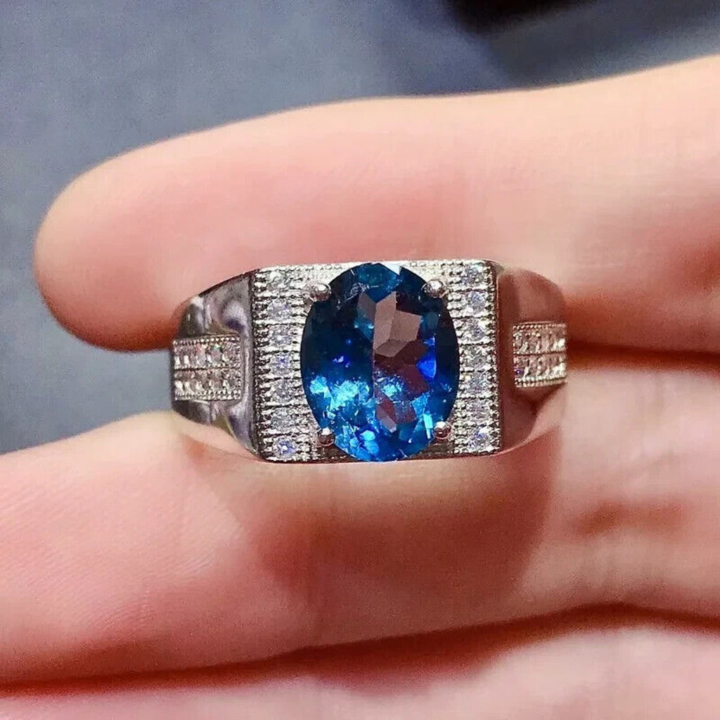 Men's London Blue Topaz Cocktail Ring, Men's Blue Gemstone Ring's Sterling