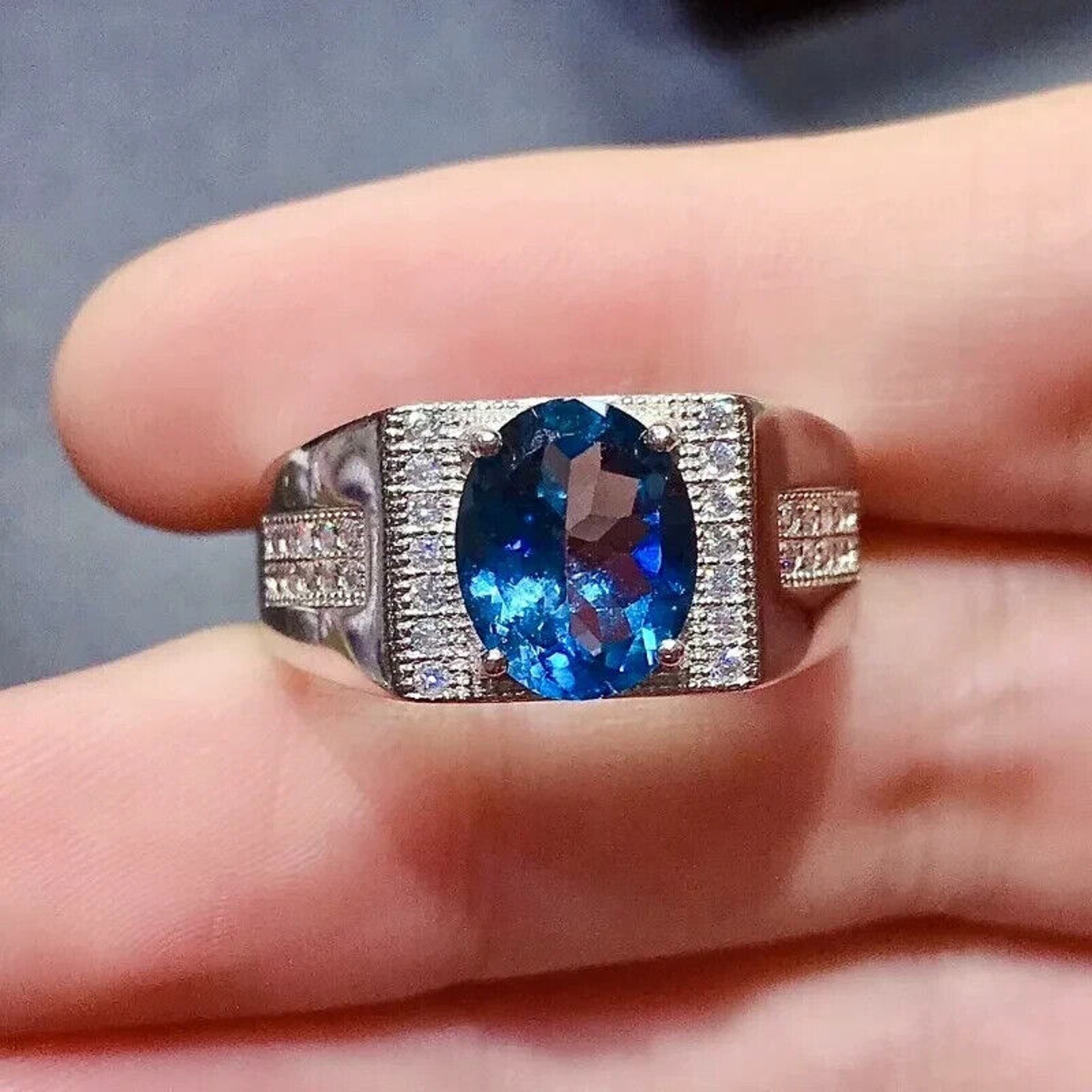 Men's London Blue Topaz Cocktail Ring, Men's Blue Gemstone Ring's Sterling