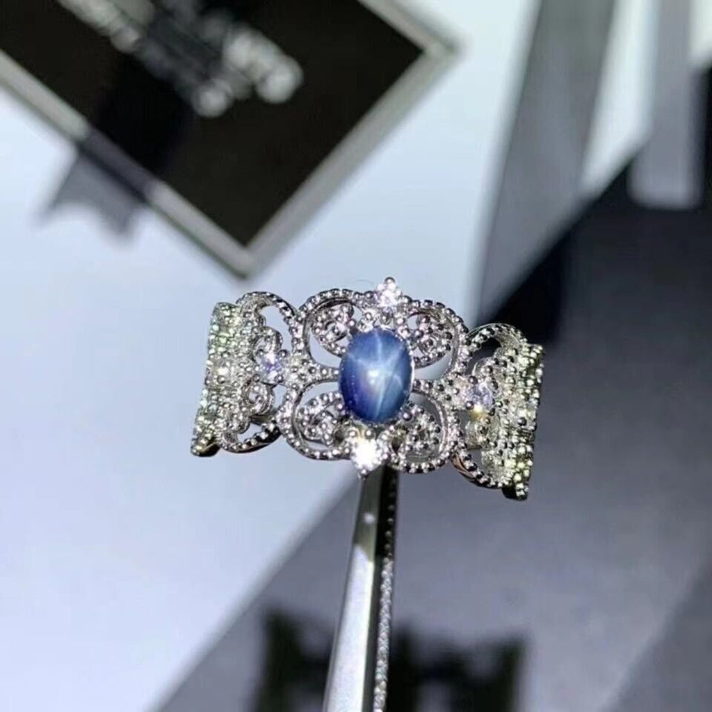 Natural Blue Star Sapphire Princess Ring, 4x5mm Star Sapphire Ring Platinum