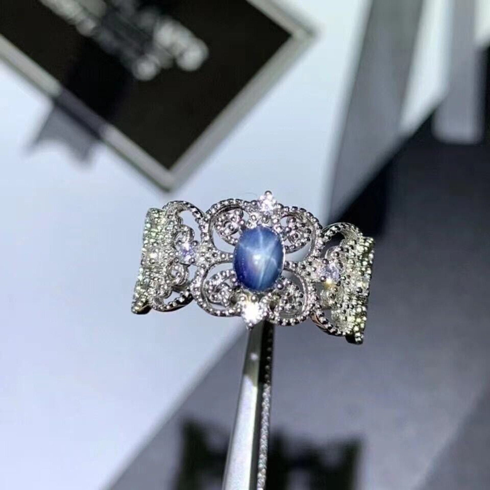 Natural Blue Star Sapphire Princess Ring, 4x5mm Star Sapphire Ring Platinum