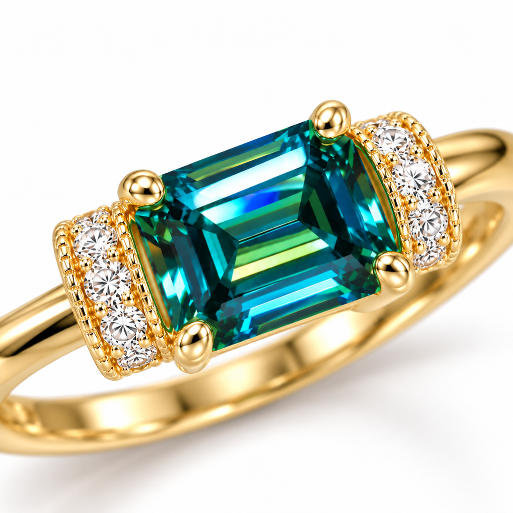 Macro close-up of a 1 carat lab-created green moissanite gemstone featuring a horizontal 5x7mm emerald cut, vivid teal and blue-green step-cut facets, polished gold-tone prongs, and sparkling cubic zirconia