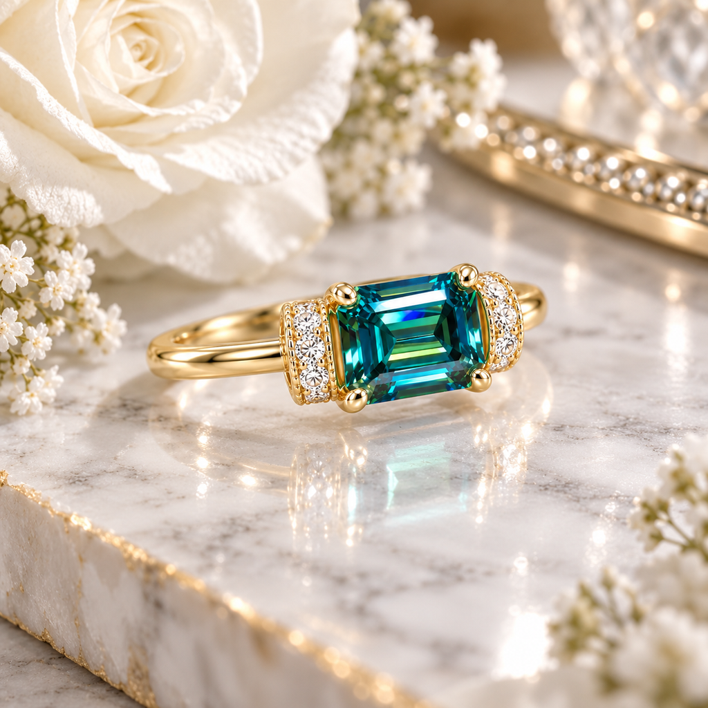Three-quarter angle lifestyle photograph of a 5x7mm emerald-cut green moissanite ring resting on white marble beside soft white roses and gold accents, highlighting the teal-green gemstone, four-prong gold-tone setting, and sparkling cubic zirconia side stones.
