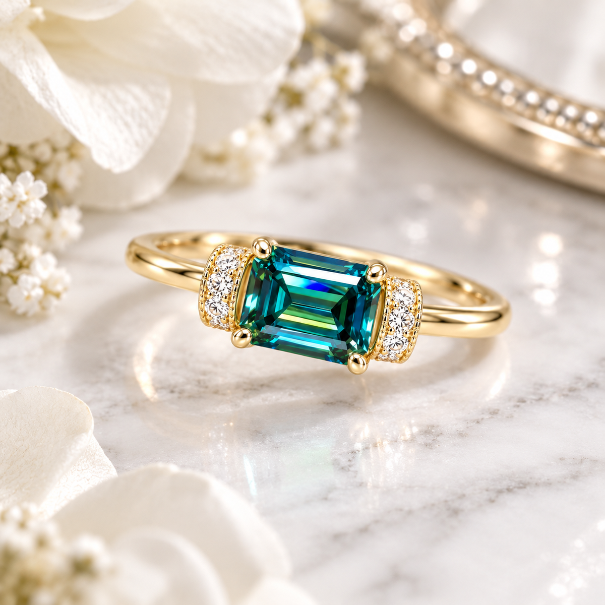 1 carat green moissanite ring displayed on elegant white marble with subtle gray veining, delicate white flowers, and soft gold accents, featuring a horizontally set 5x7mm emerald-cut gemstone with beautiful teal and blue-green reflections.