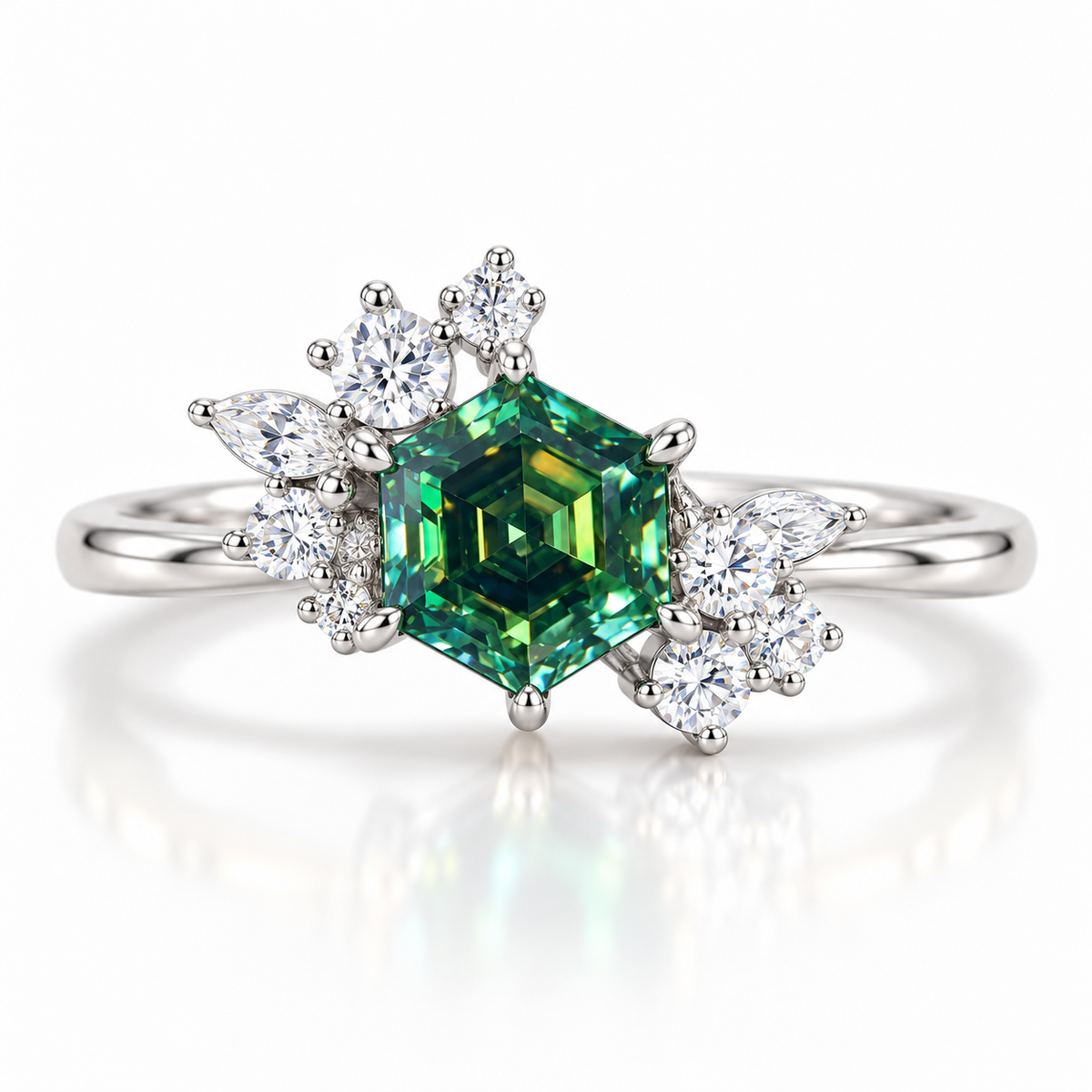 1 carat lab-created green moissanite ring featuring a 6mm hexagon-cut gemstone with deep emerald-green and teal reflections, surrounded by asymmetrical floral cubic zirconia accents in Platinum Plated 925 sterling silver on a pure white background.