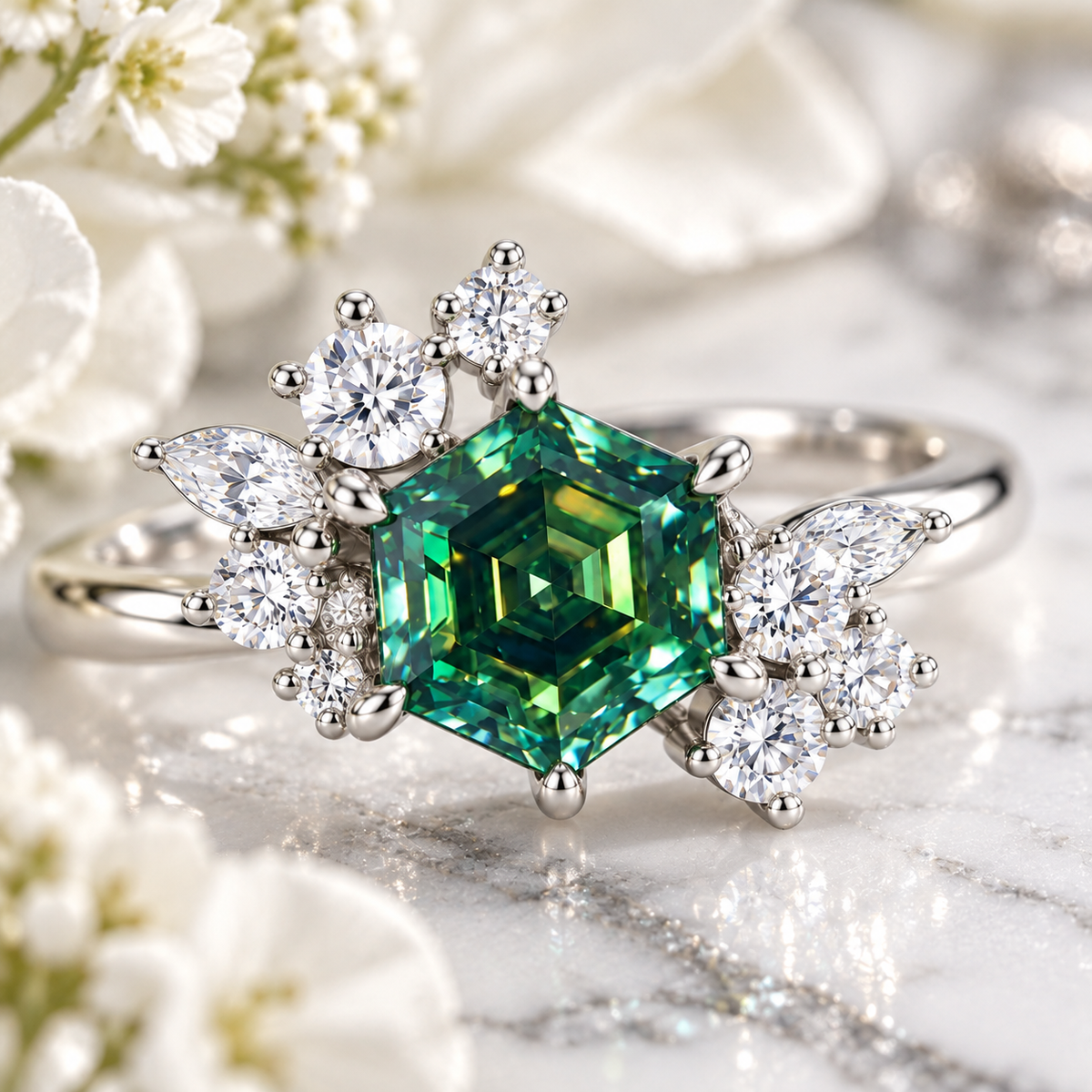 Close-up lifestyle photograph of a 1 carat lab-created green moissanite ring featuring a 6mm hexagon-cut gemstone with vivid emerald-green and teal reflections, sparkling floral cubic zirconia accents, and polished Platinum Plated 925 sterling silver, displayed on elegant white marble with soft white flowers and subtle silver accents.