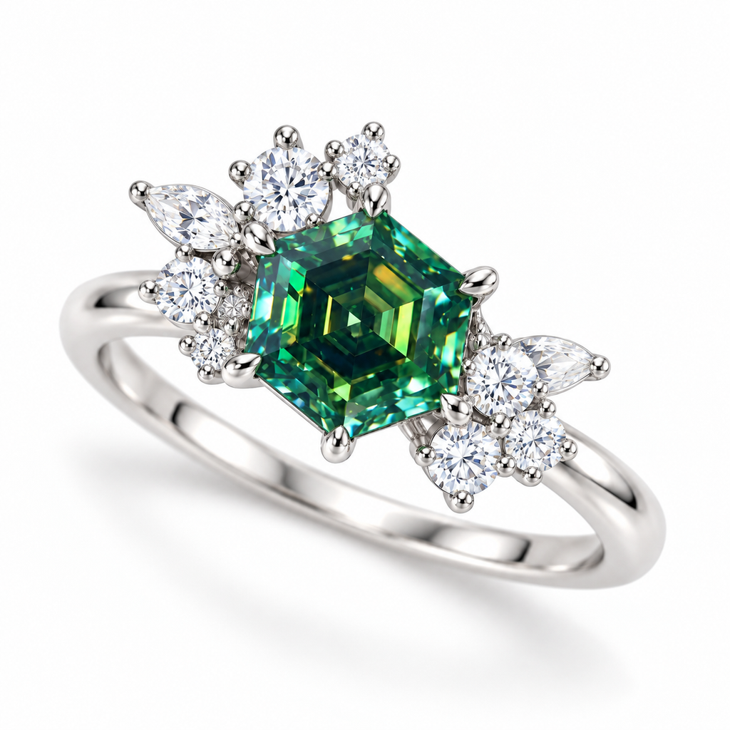 Three-quarter view of a 1 carat green moissanite hexagon ring featuring a richly colored 6mm gemstone, polished silver prong setting, and sparkling round and marquise-shaped cubic zirconia floral accents.