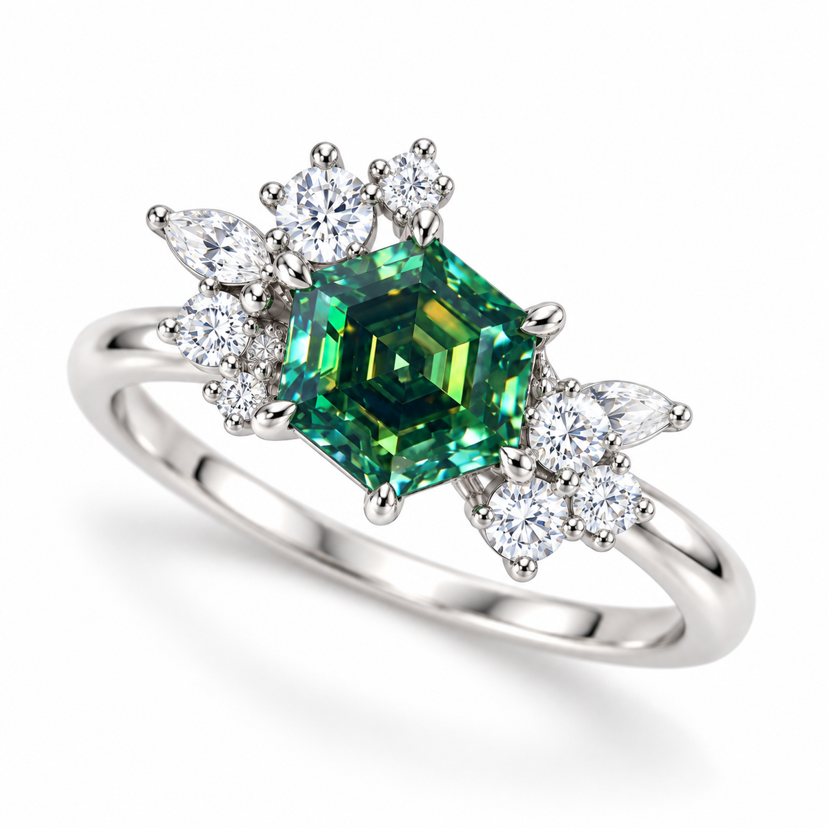 Three-quarter view of a 1 carat green moissanite hexagon ring featuring a richly colored 6mm gemstone, polished silver prong setting, and sparkling round and marquise-shaped cubic zirconia floral accents.