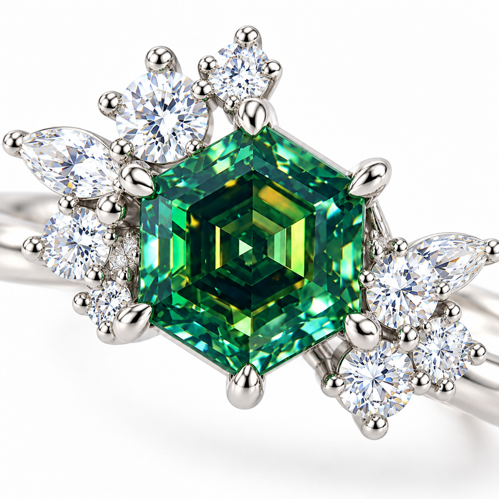 Macro close-up of a 1 carat lab-created green moissanite gemstone featuring a 6mm hexagon cut with deep forest-green, emerald-green, teal, and yellow-green reflections, surrounded by sparkling floral cubic zirconia accents.