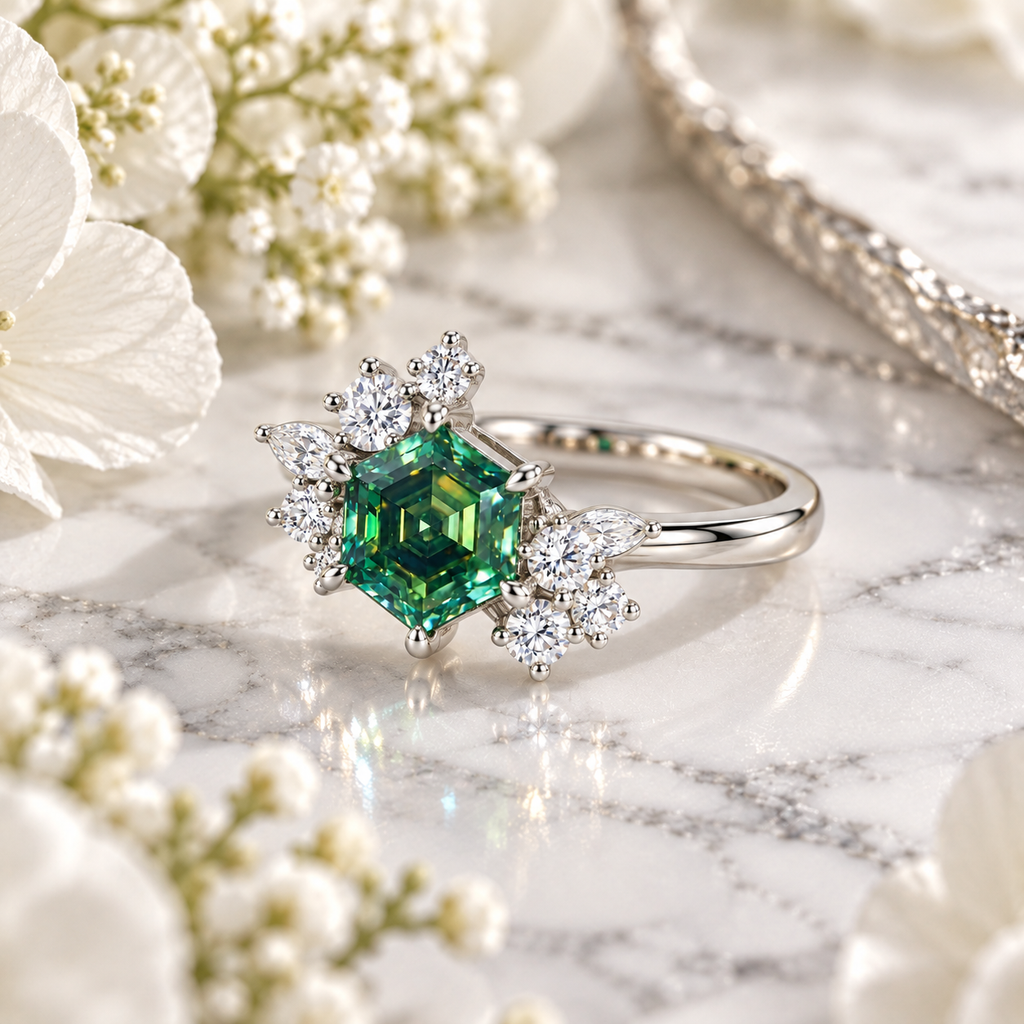 Angled lifestyle photograph of a 6mm hexagon-cut green moissanite ring resting on white marble beside soft white flowers, highlighting the gemstone's teal-green reflections, romantic botanical cubic zirconia design, and polished Platinum Plated sterling silver band.