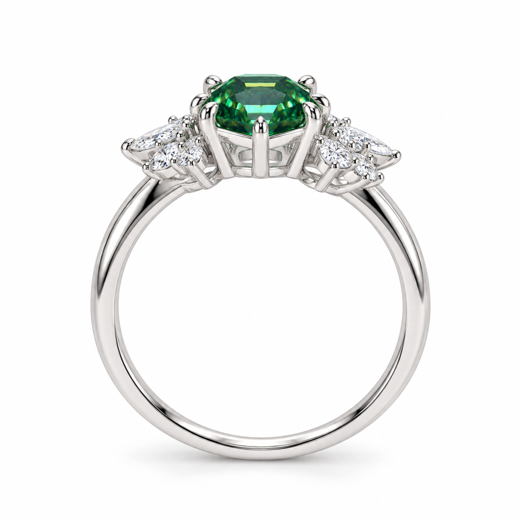 Side profile of a 1 carat lab-created green moissanite ring showing the raised 6mm hexagon-cut gemstone, polished silver prong setting, delicate floral cubic zirconia clusters, and slender Platinum Plated sterling silver band.
