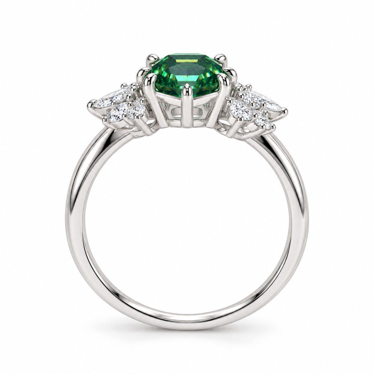Side profile of a 1 carat lab-created green moissanite ring showing the raised 6mm hexagon-cut gemstone, polished silver prong setting, delicate floral cubic zirconia clusters, and slender Platinum Plated sterling silver band.