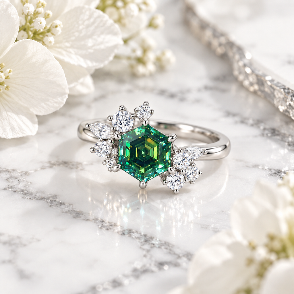 1 carat green moissanite hexagon ring displayed on elegant white marble with subtle gray veining and delicate white flowers, featuring a 6mm emerald-green gemstone surrounded by sparkling floral cubic zirconia accents in sterling silver.