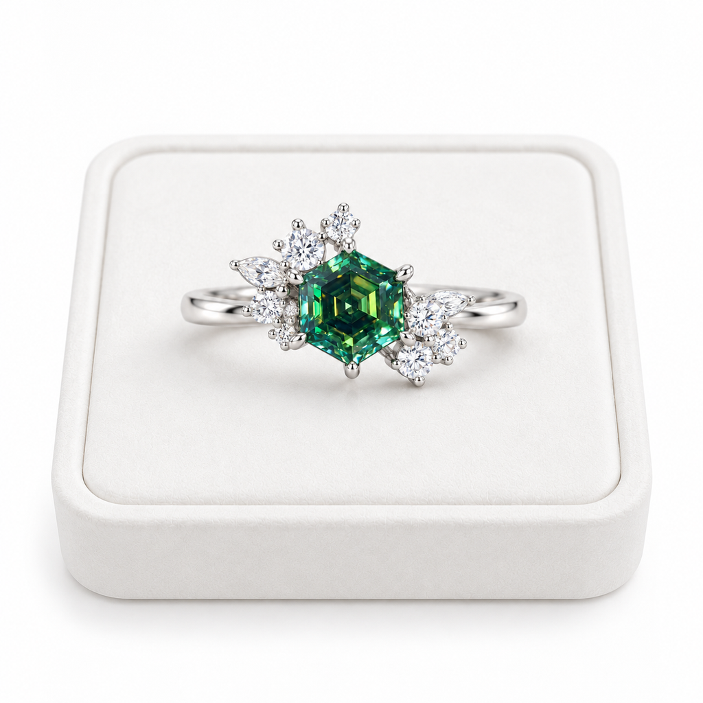 1 carat green moissanite hexagon ring displayed on a flat white velvet jewelry tray against a pure white background, featuring a 6mm lab-created gemstone with emerald-green and teal reflections and sparkling floral cubic zirconia accents.
