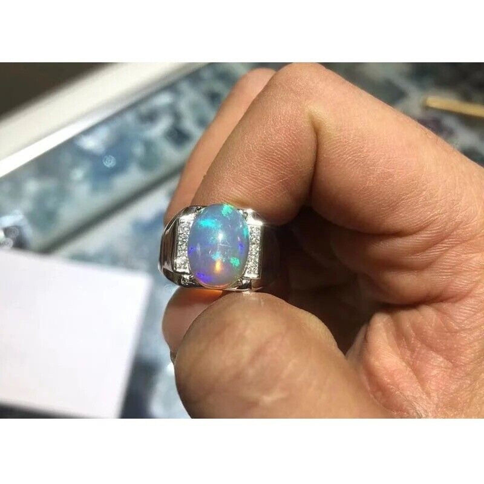 Men's Fire Opal Ring 10x15mm, Natural Opal Men's Ring 925 Sterling Silver