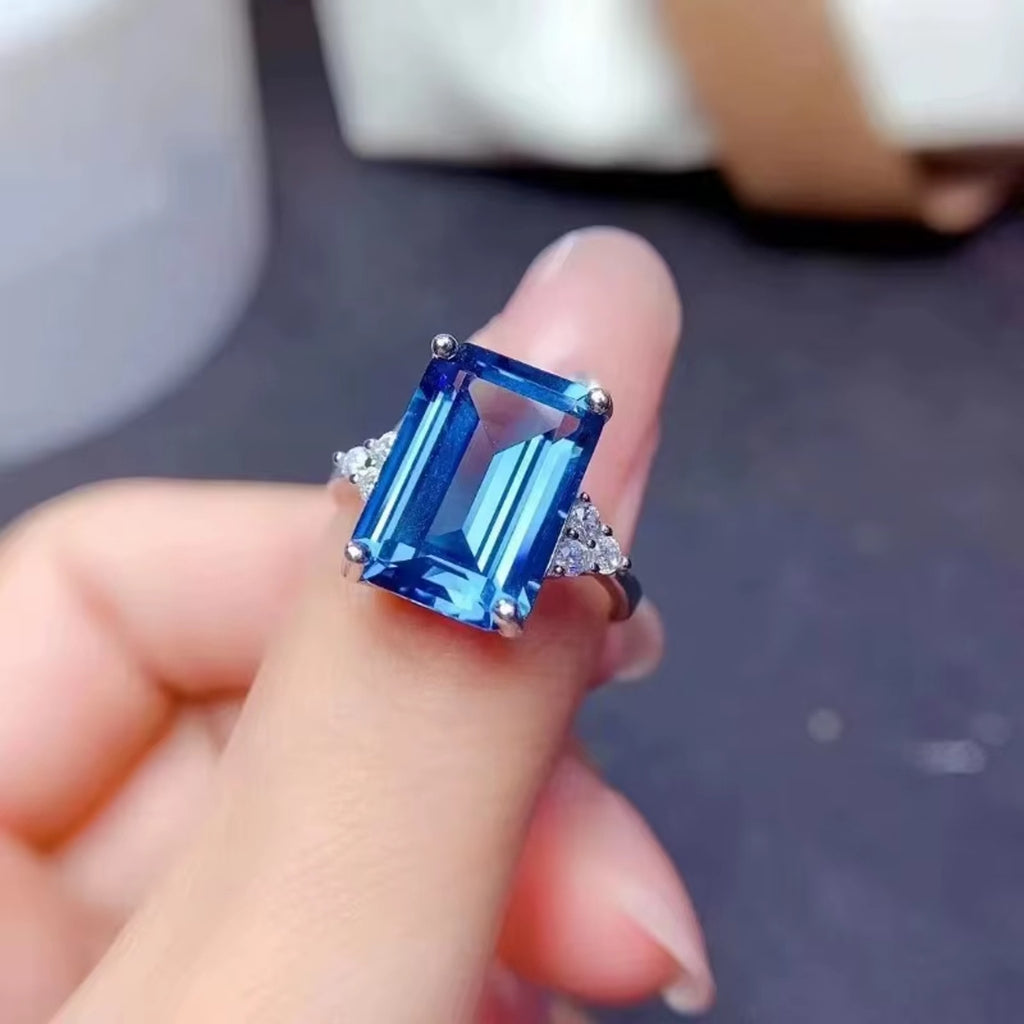 Emerald Cut London Blue Topaz Ring 925 Sterling Silver, Blue Topaz 10x14mm