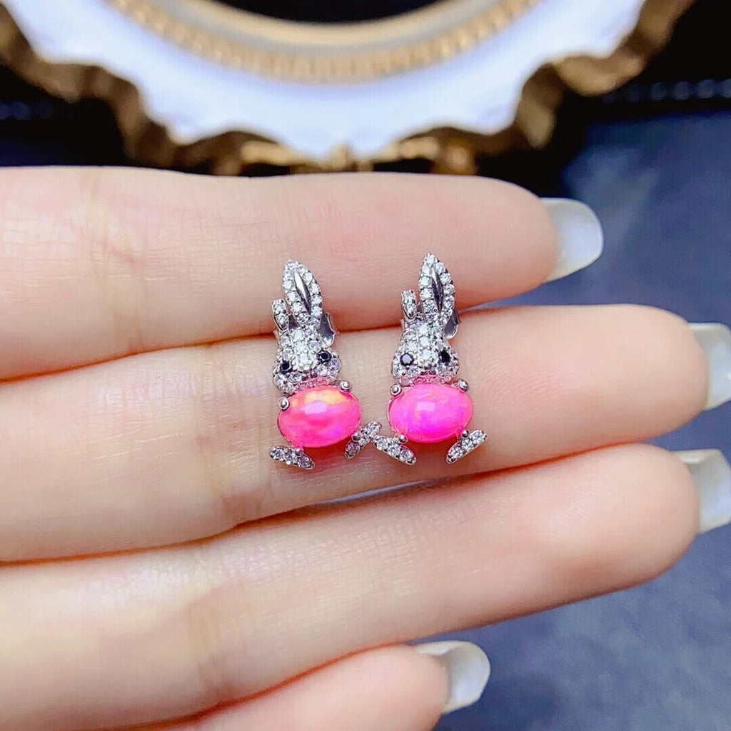Pink Fire Opal Rabbit Earrings 5x7mm, Natural Pink Opal Earrings Sterling Silver