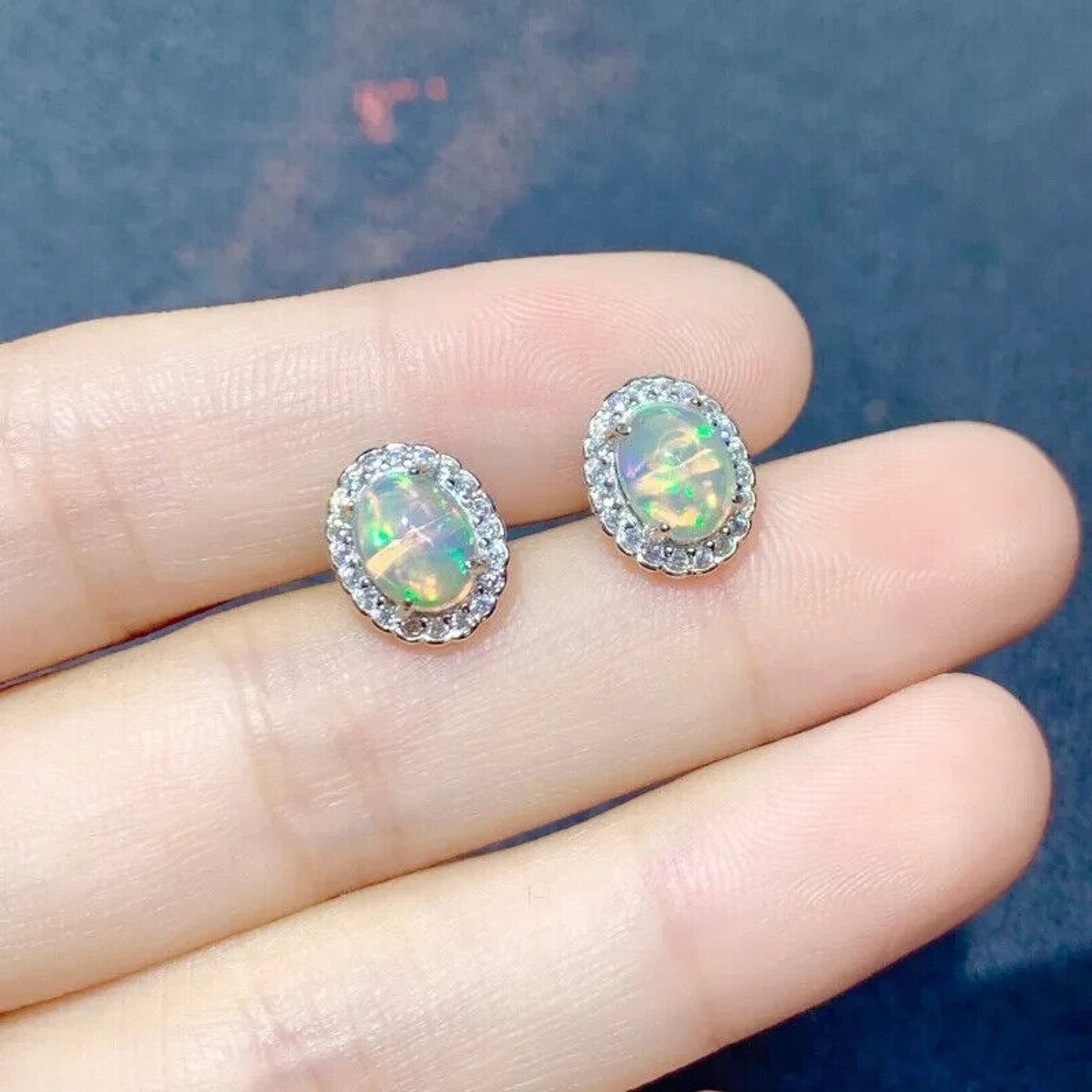 Colorful Fire Opal Stud Earrings, Australian Opal Stud Earrings Sterling 6x8mm