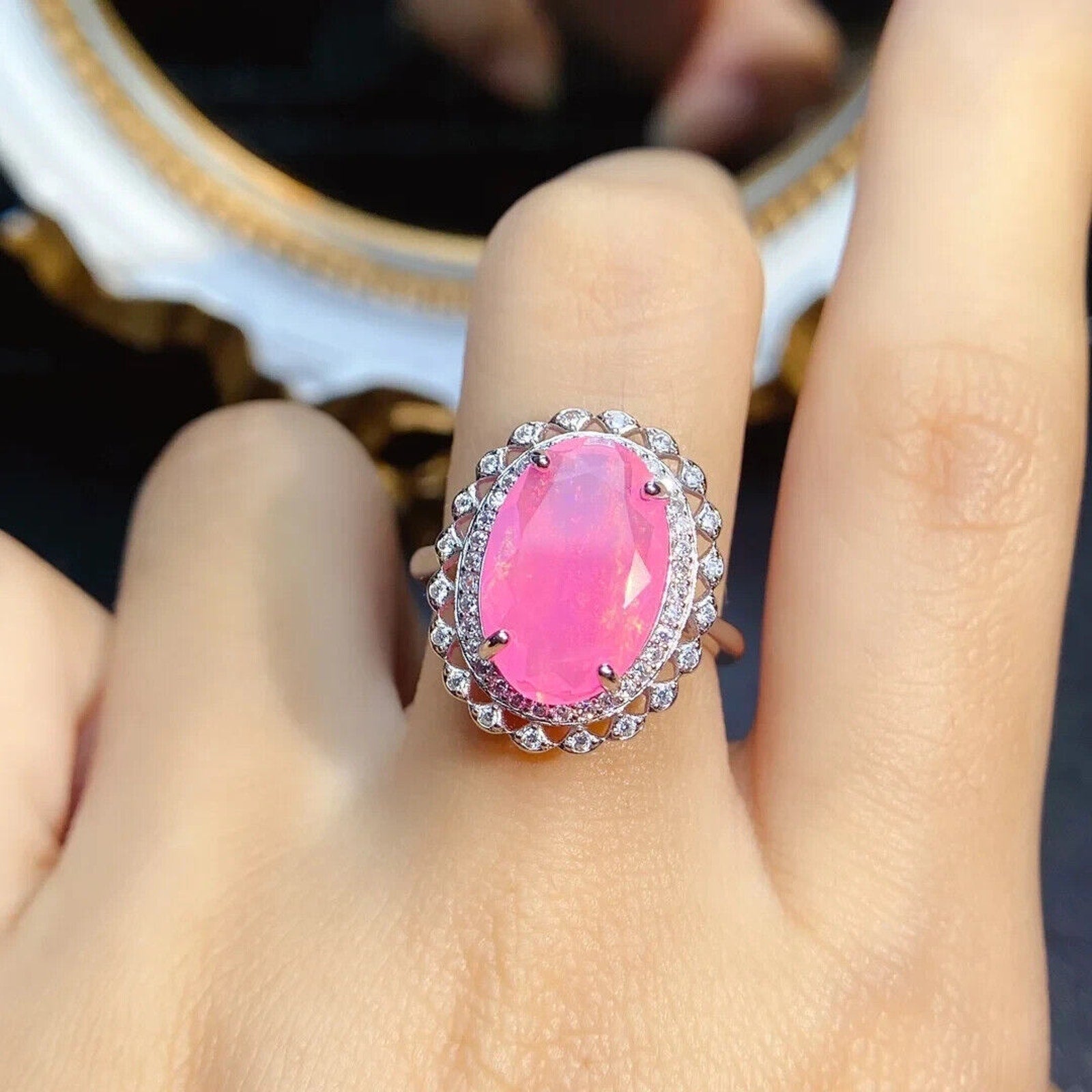 Pink Fire Opal Large Statement Ring 10x15mm, Natural Pink Fire Opal Ring