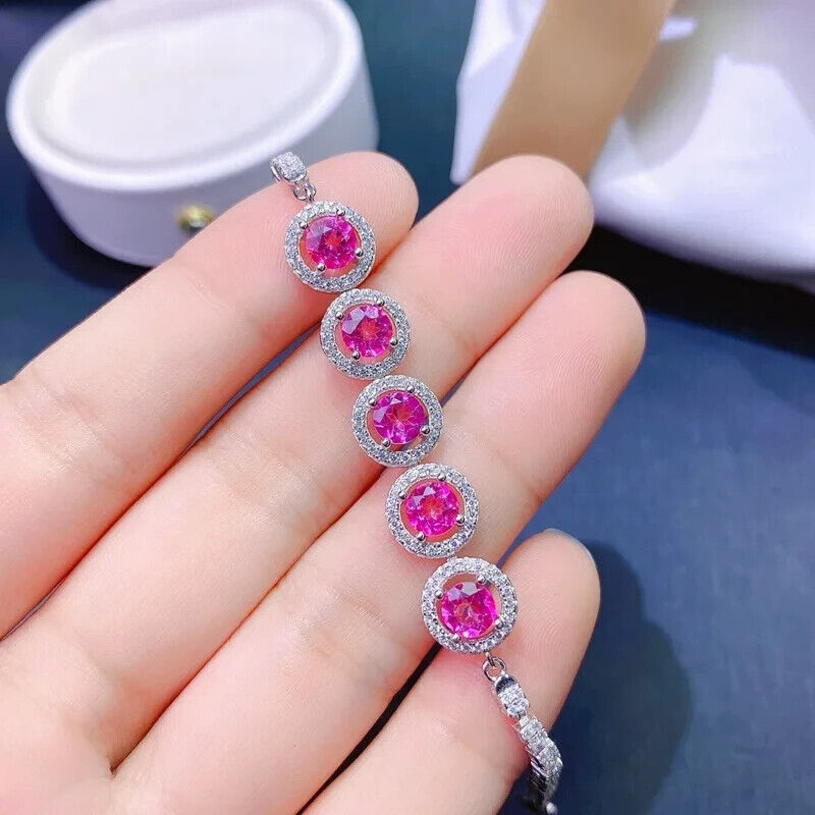 Natural Pink Topaz Gemstone Tennis Bracelet 5mm Platinum Plated Sterling