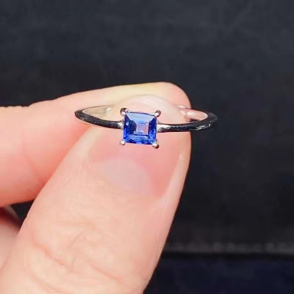 Dainty Blue Sapphire Square Cut Ring, Natural Blue Sapphire Ring Sterling Silver