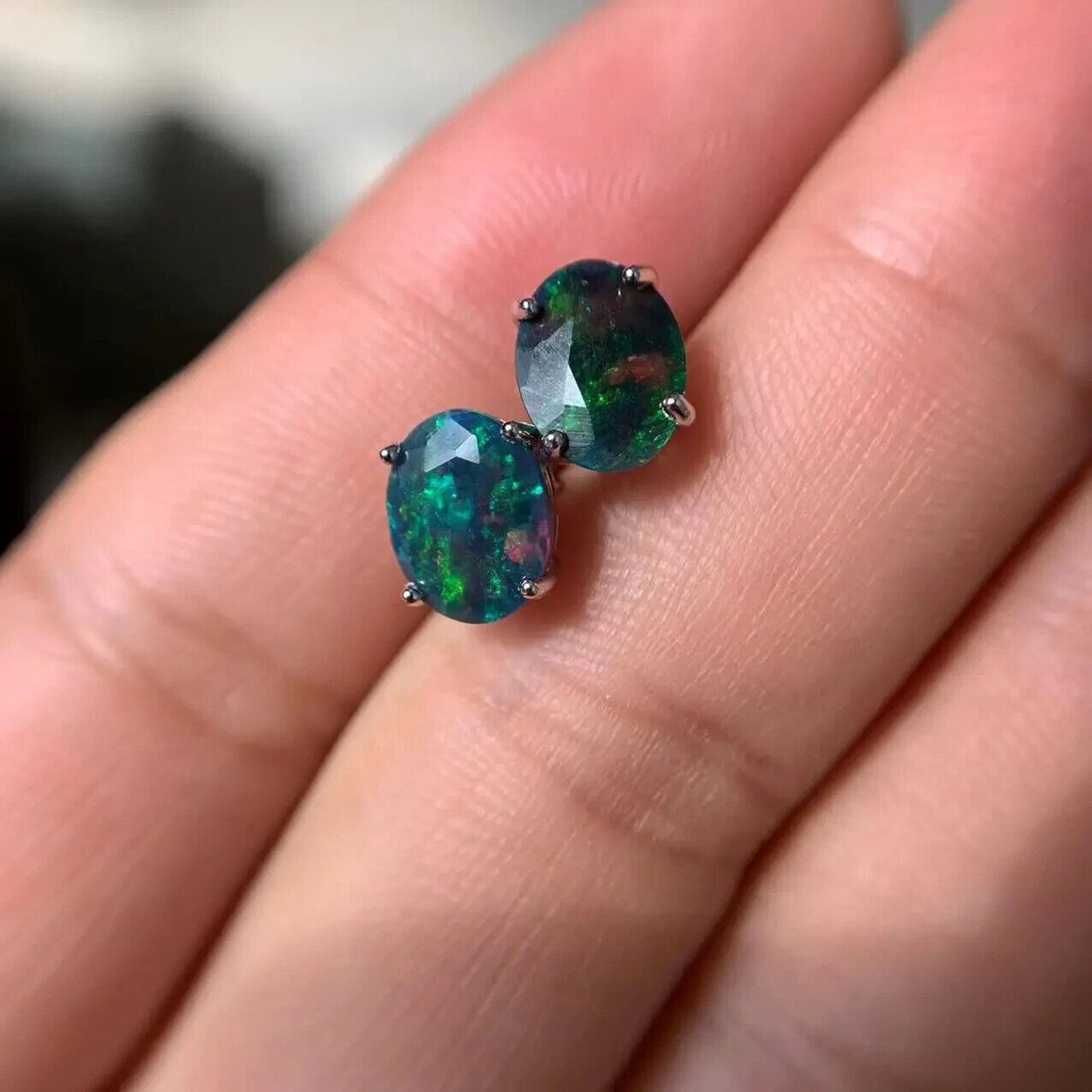 Faceted Black Fire Opal Stud Earrings 7x9mm, Natural Fire Opal Stud Earrings