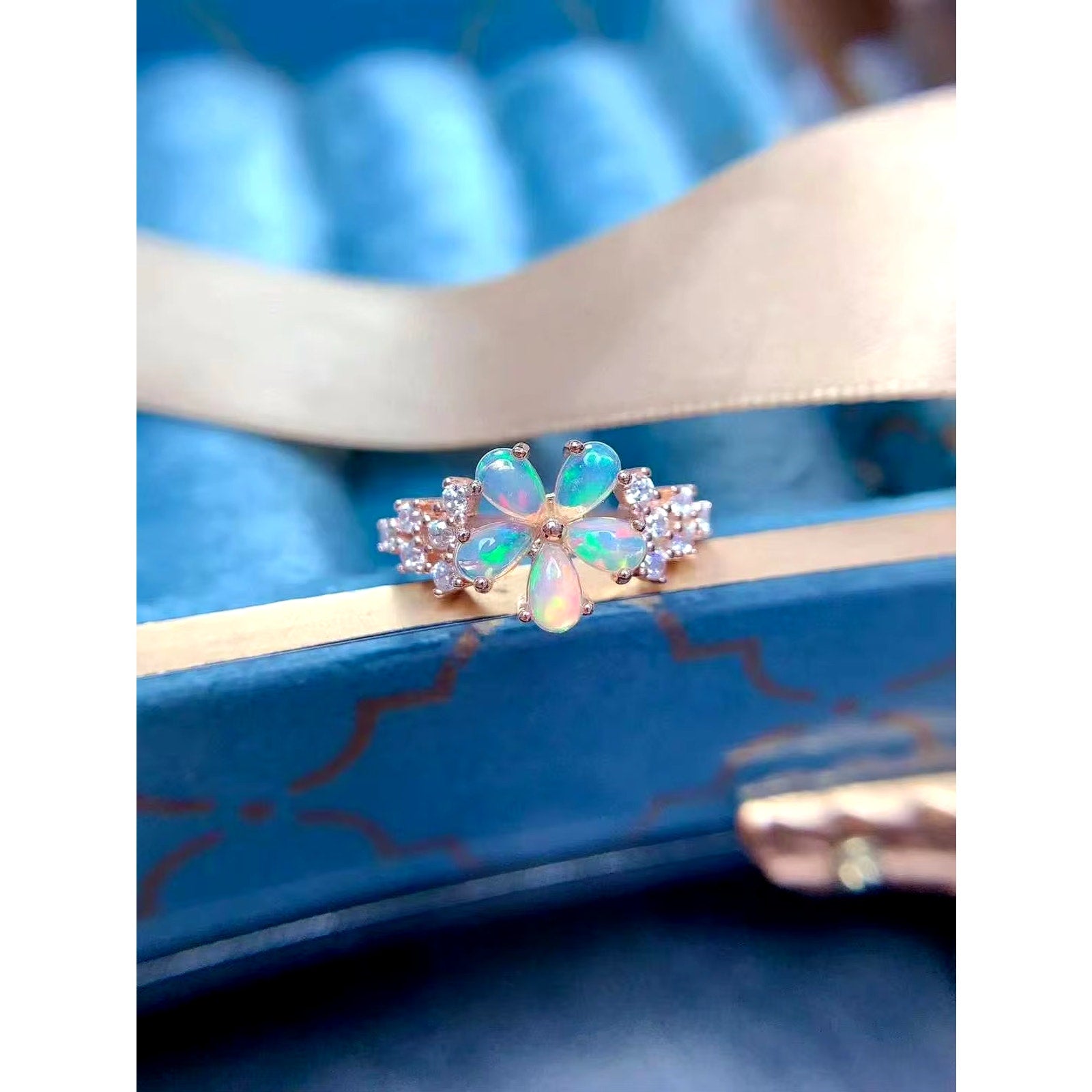 Fire Opal Flower Ring, Women's Natural Fire opal Ring 925 Sterling Silver