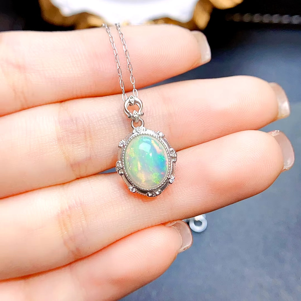 Natural Fire Opal Pendant Necklace, Women's Opal Pendant Necklace 8x10mm