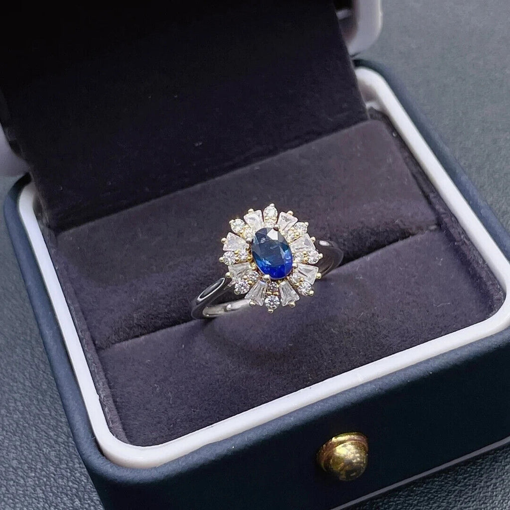 Natural Sapphire Cocktail Ring, Bright Blue Sapphire Ring 925 Sterling Silver
