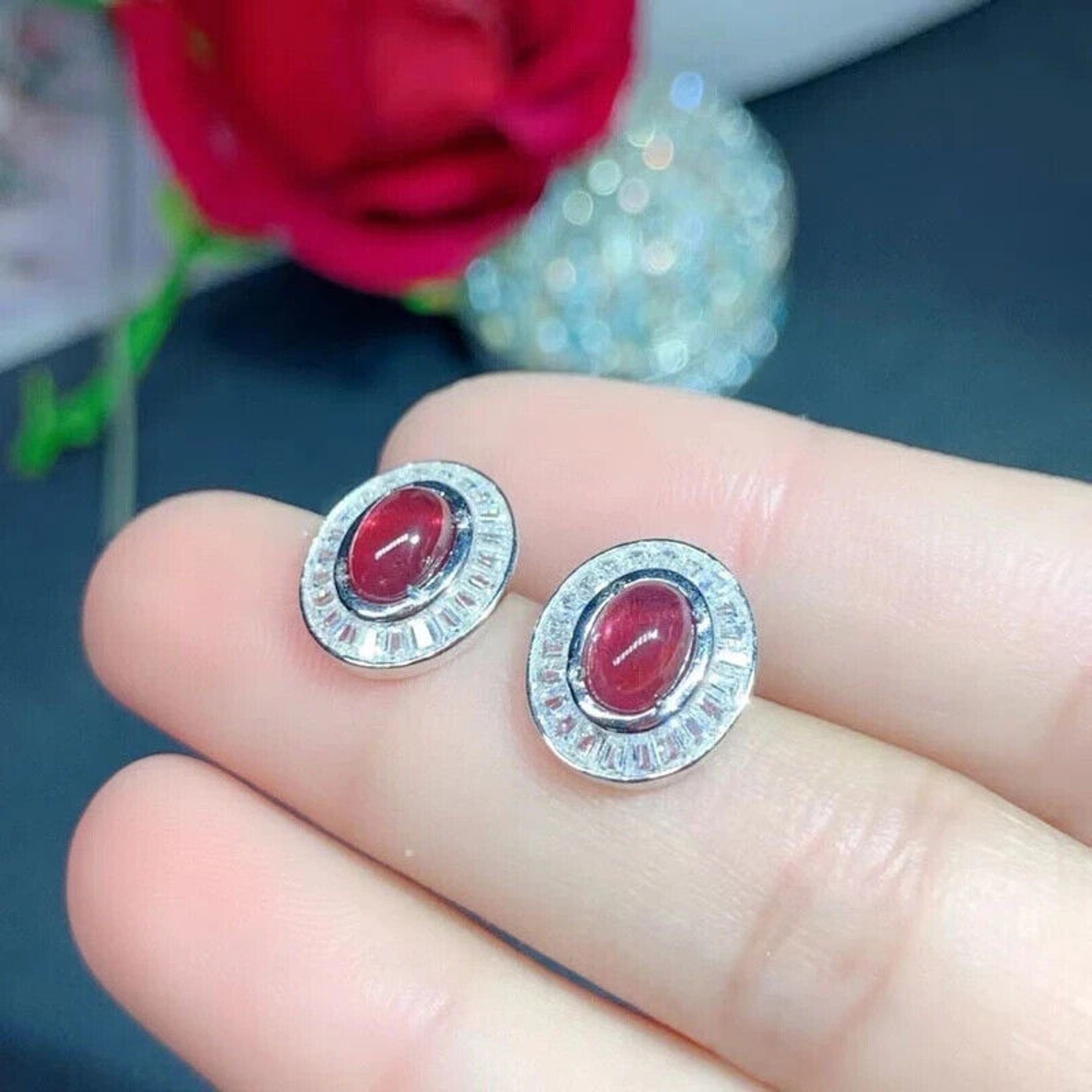 Natural Orange Pyrope Garnet Stud Earrings 5x7mm Platinum Plated