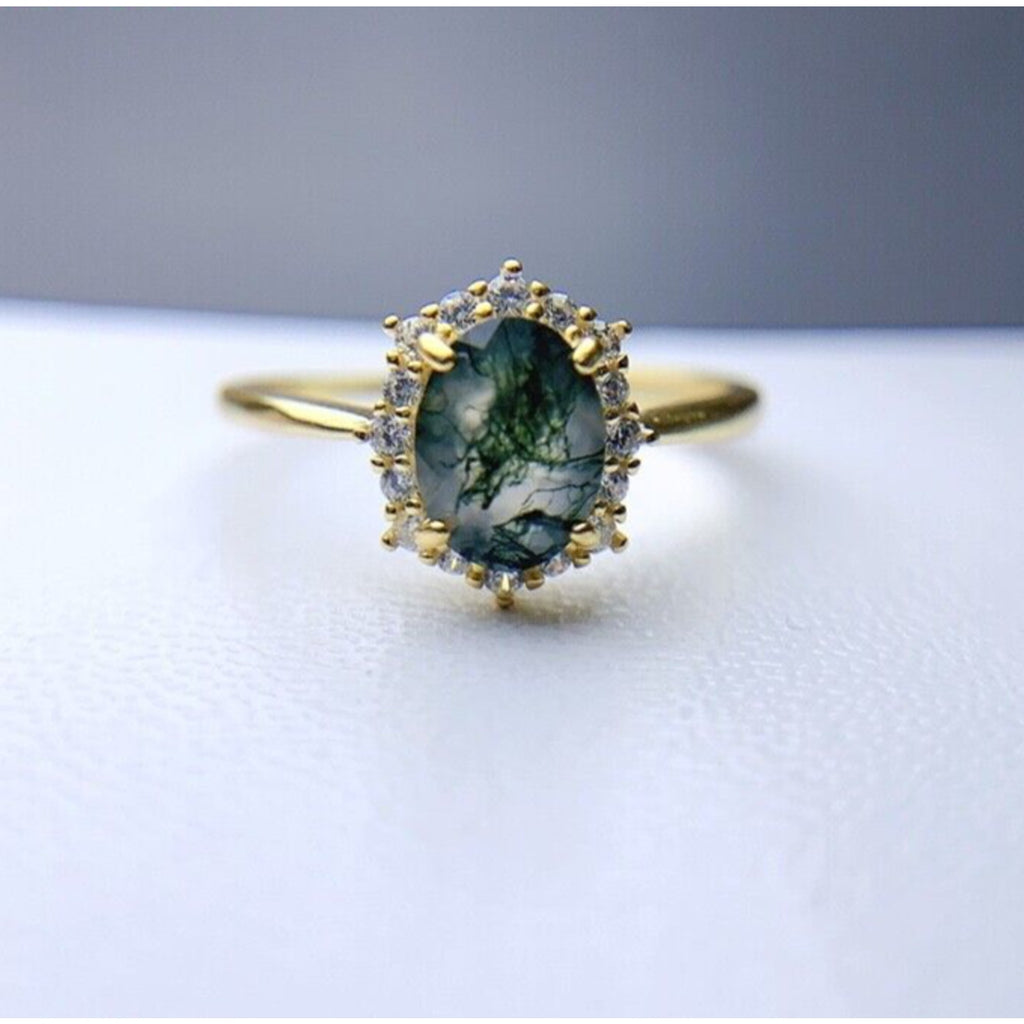 Moss Agate Gemstone Ring 6x8mm 925 Sterling Silver