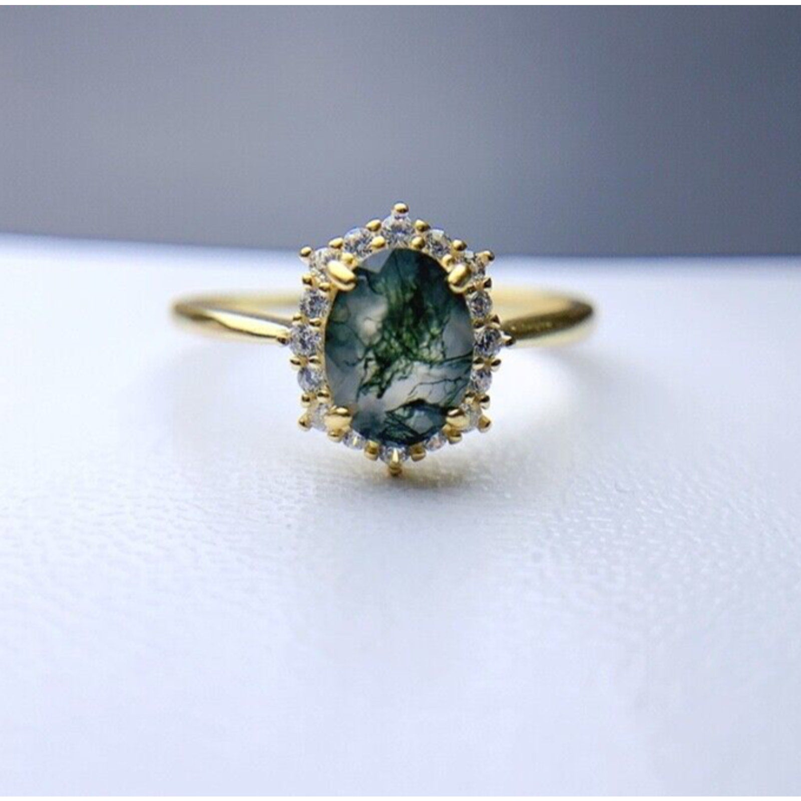 Moss Agate Gemstone Ring 6x8mm 925 Sterling Silver