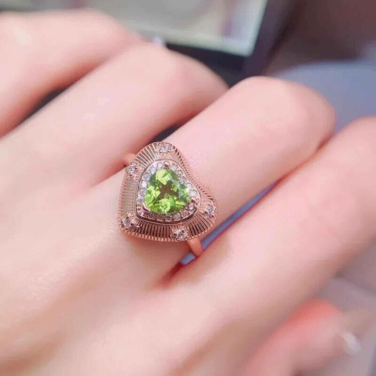 Natural Peridot Gemstone Heart Statement Ring 6mm, August Birthstone Peridot