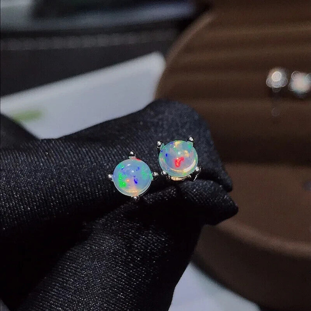 White Fire Opal Stud Earrings, Natural Opal 5x5mm Stud Earrings Sterling Silver