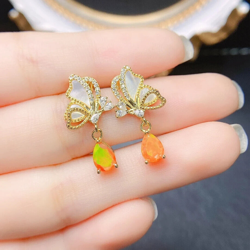 Orange Fire Opal Pear Statement Earrings 5x7mm, Orange Opal Earrings