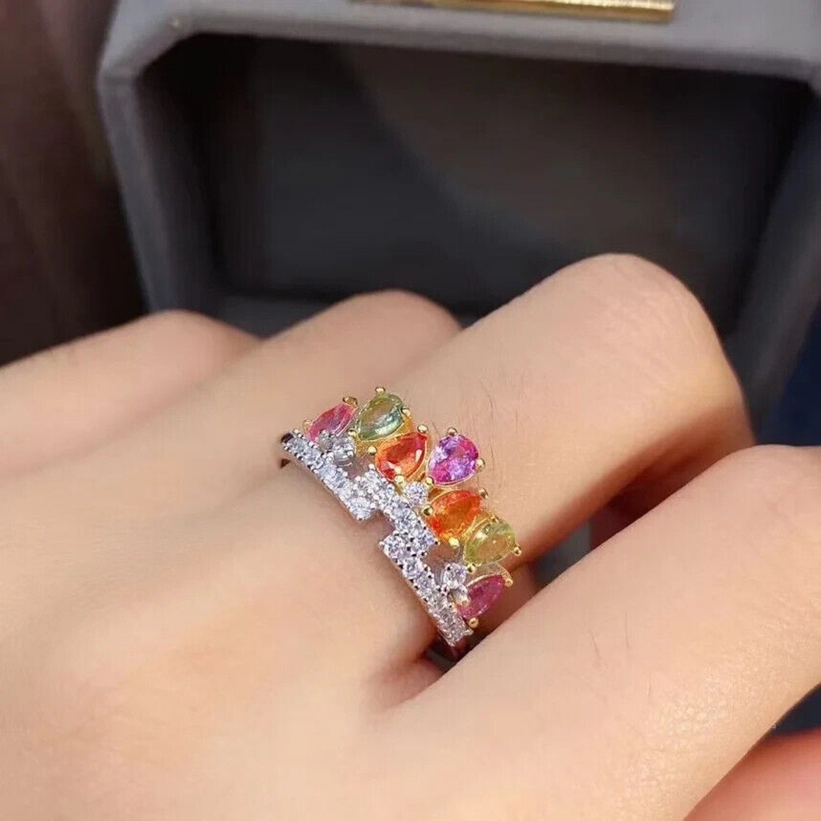 Natural Sapphire Colorful Crown Ring, Sapphire Ring