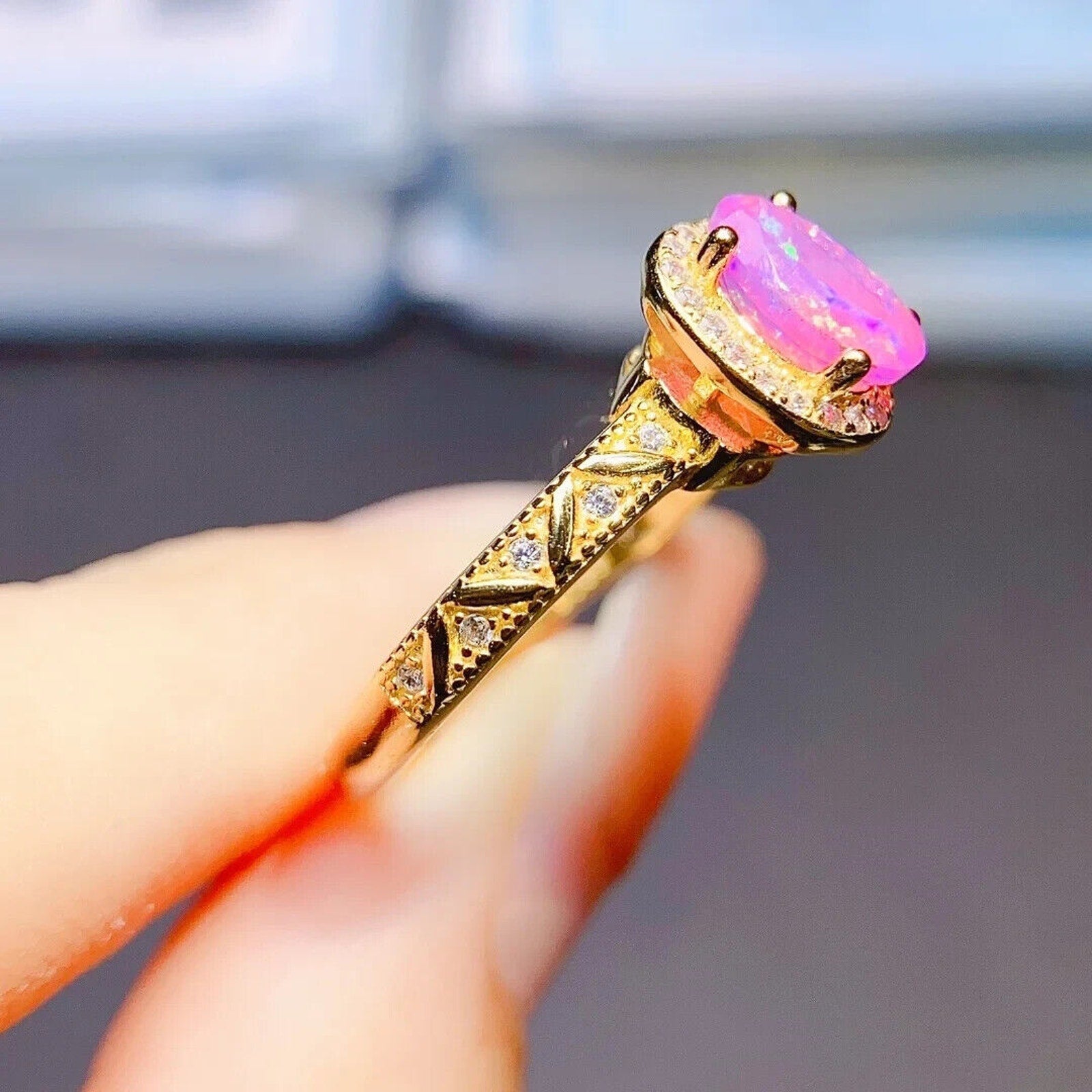 Pink Fire Opal Cocktail Ring 4x8mm, Natural Pink Fire Opal Ring 925 Sterling