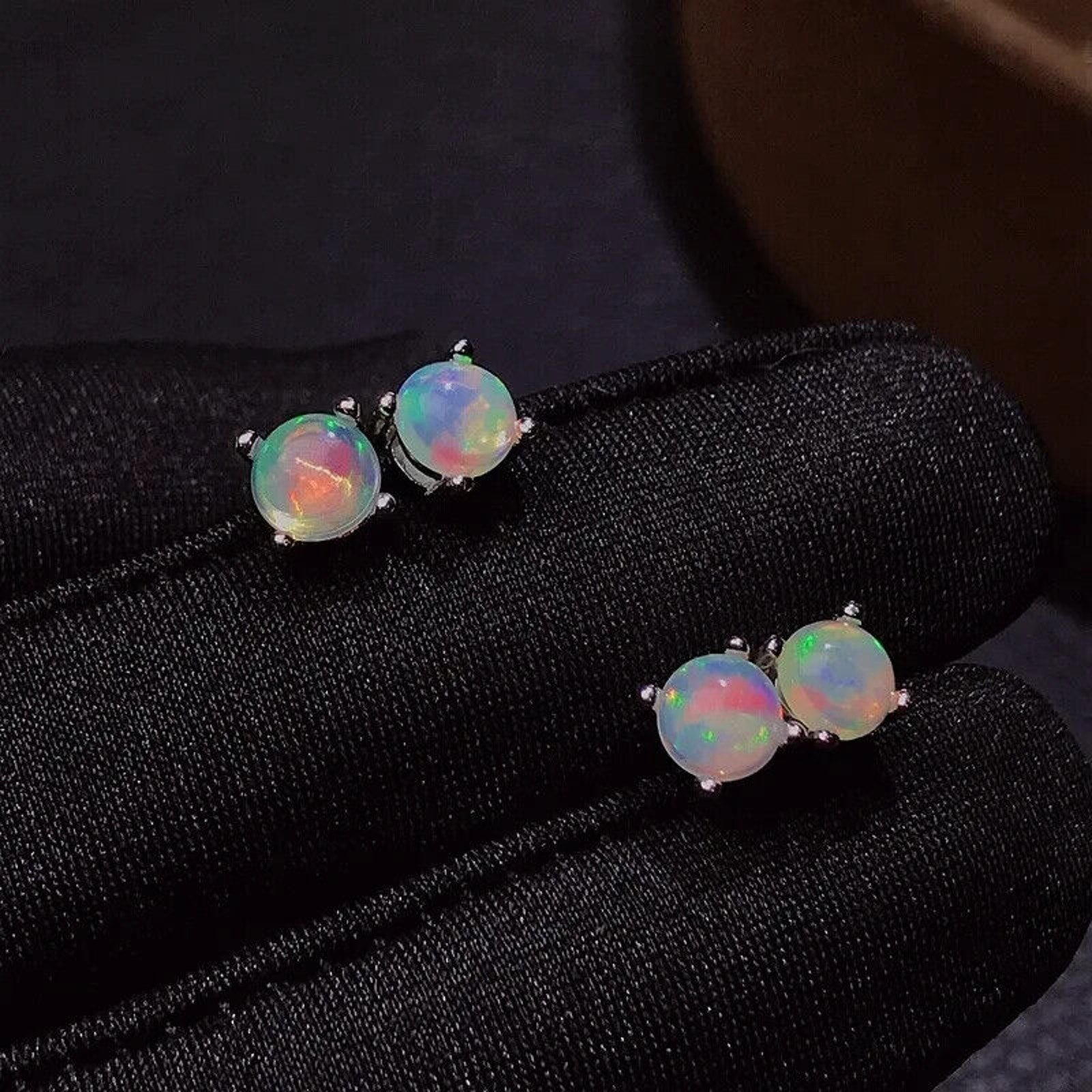White Fire Opal Stud Earrings, Natural Opal 5x5mm Stud Earrings Sterling Silver