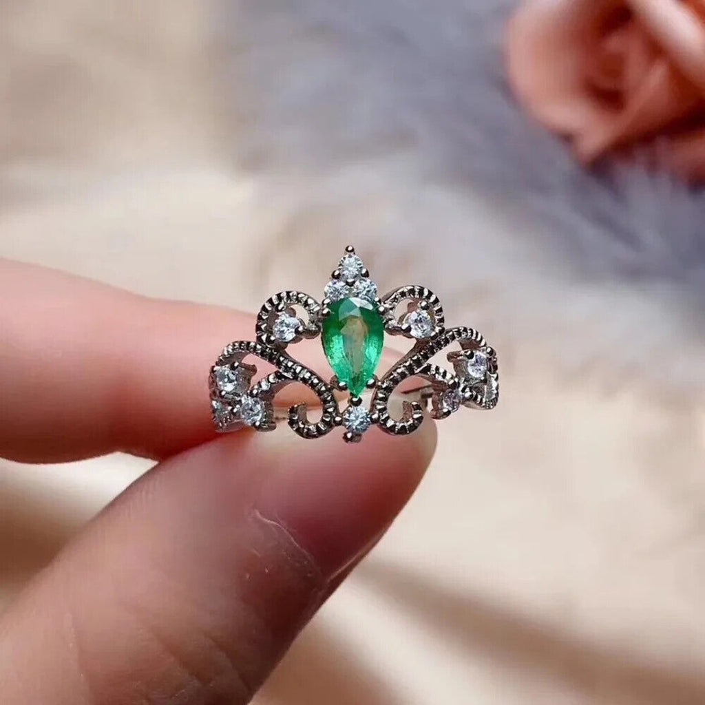 Natural Colombian Emerald Lace Cocktail Ring, Emerald Ring Sterling Silver 4x6mm