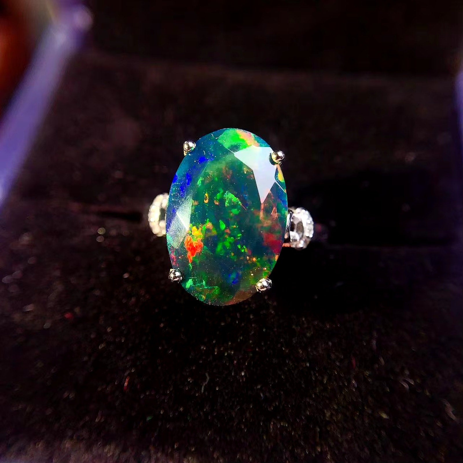 Faceted Black Opal Ring, Australian Fire Opal Statement Ring Sterling Silver
