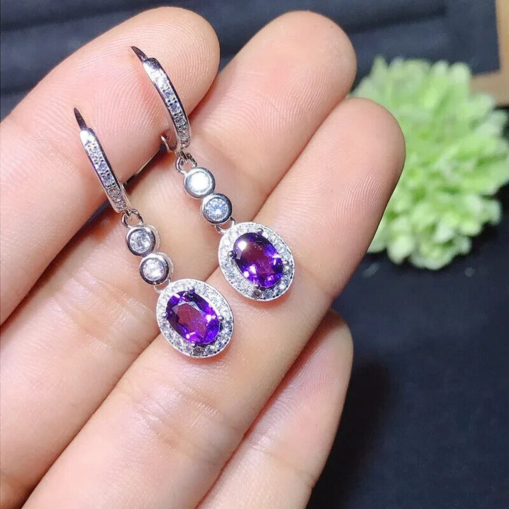 Purple Amethyst Long Dangle Earrings, Natural Purple Amethyst Long Earrings