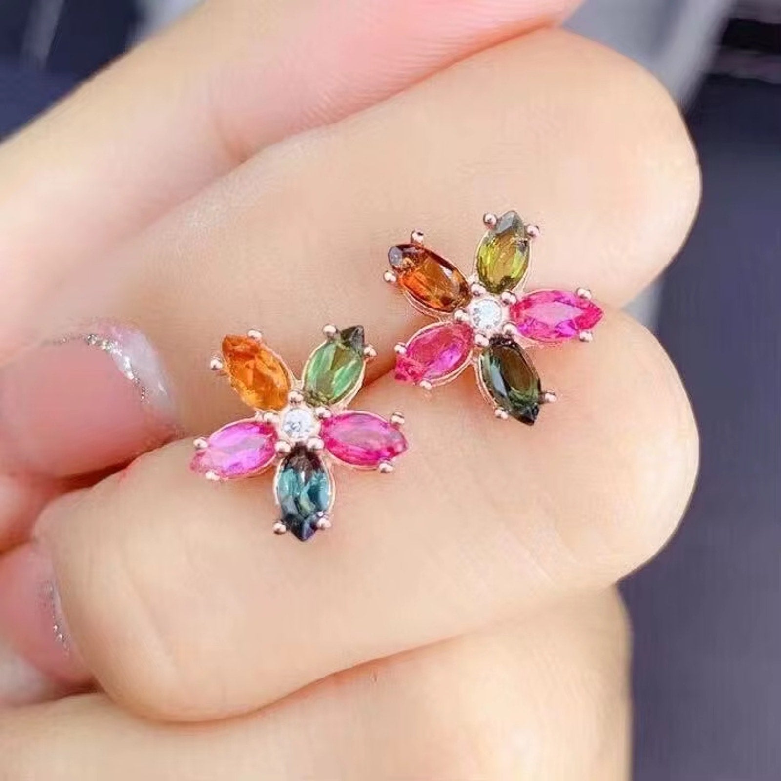 Dainty Tourmaline Earrings, Natural Tourmaline Stud Earrings 925 Sterling Silver