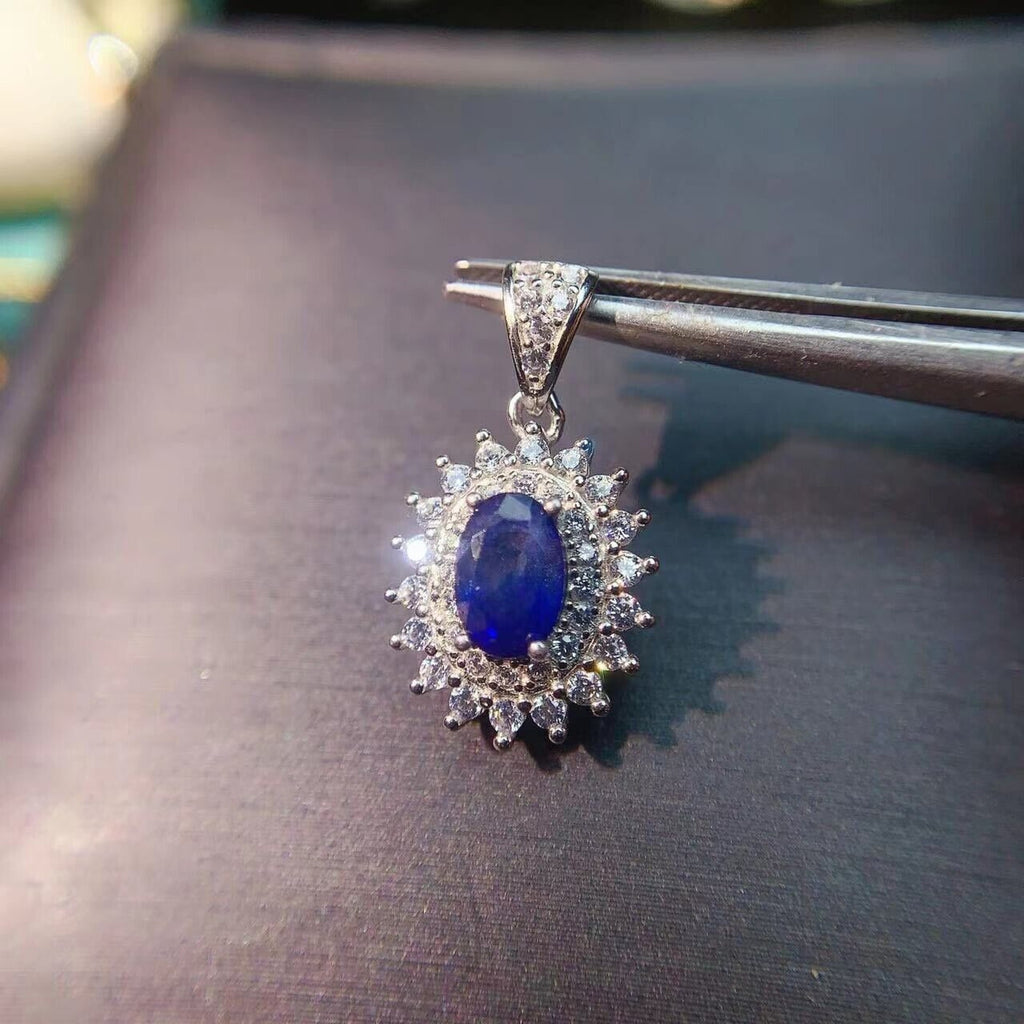 Genuine Blue Sapphire 4x6mm Pendant, Natural Sapphire Pendant with CZ Sterling