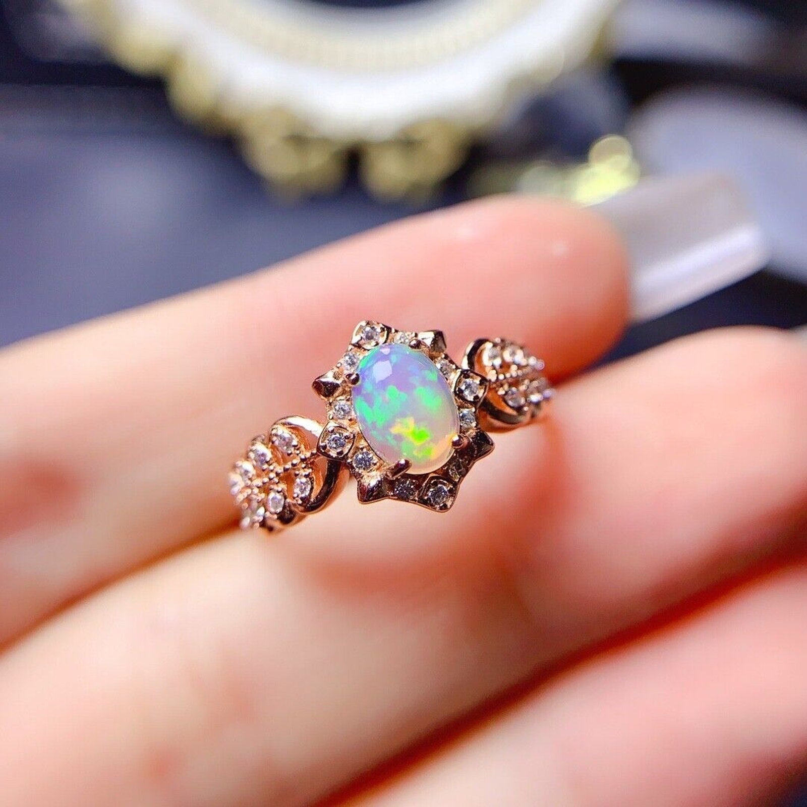 Vintage Style Opal Cocktail Ring, Natural Fire Opal Cocktail Ring Rose Gold