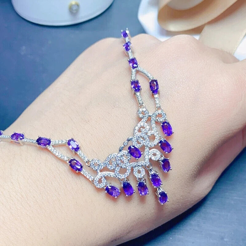 Purple Amethyst Statement Necklace, Natural Amethyst Gemstone Necklace 925